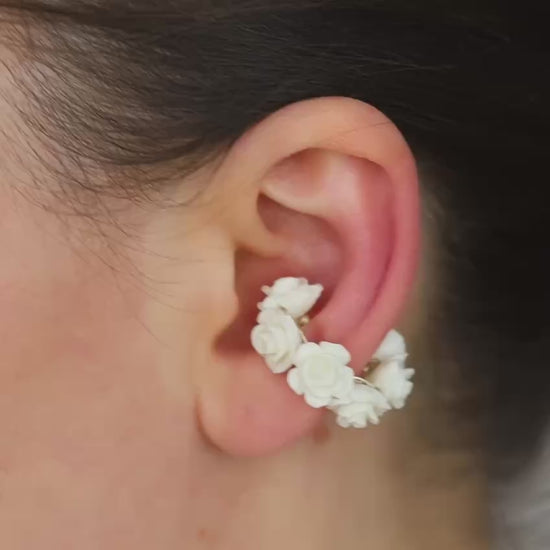 White Resin Rose Flower Ear Cuff in Sterling Silver, Gold or Rose Gold Filled, Simple Piercing Free Earrings, Turquoise Cuff, Pink Ear Cuff