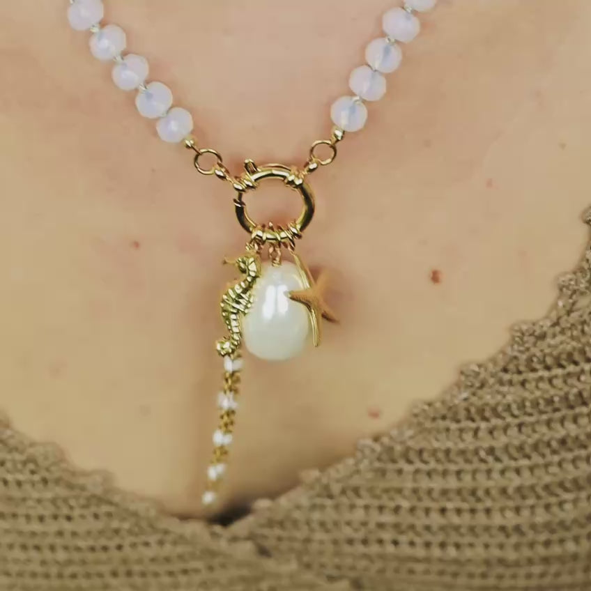 Beaded Multi Charm Baroque Pearl, Gold Seahorse, Starfish Charms necklace, Boho Summer Jewelry