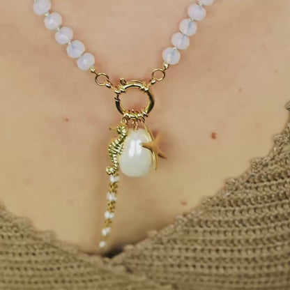 Beaded Multi Charm Baroque Pearl, Gold Seahorse, Starfish Charms necklace, Boho Summer Jewelry