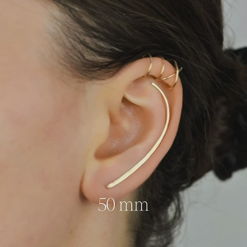 Video showing handmade ear climber length options worn along the ear, from shorter to longer styles, including 10mm, 15mm, 20mm, 25mm, 30mm, 35mm, 40mm, 45mm and 50mm ear climbers with matching no-piercing upper helix cuffs.