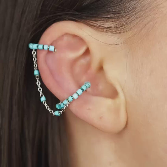 Dainty & Minimalist Turquoise Aulite Conch and Helix Ear Cuff Earrings