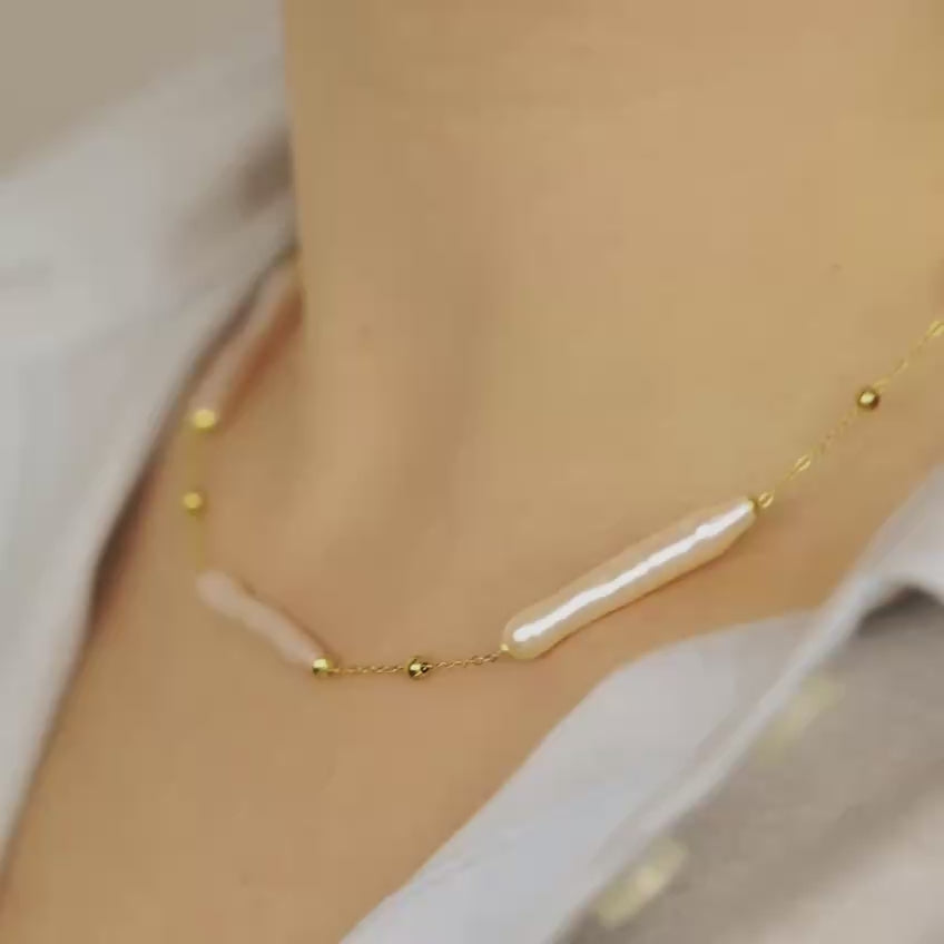 Stainless Steel Freshwater Pearl Station Necklace