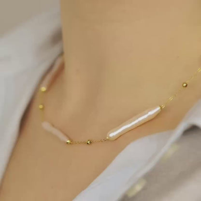 Stainless Steel Freshwater Pearl Station Necklace