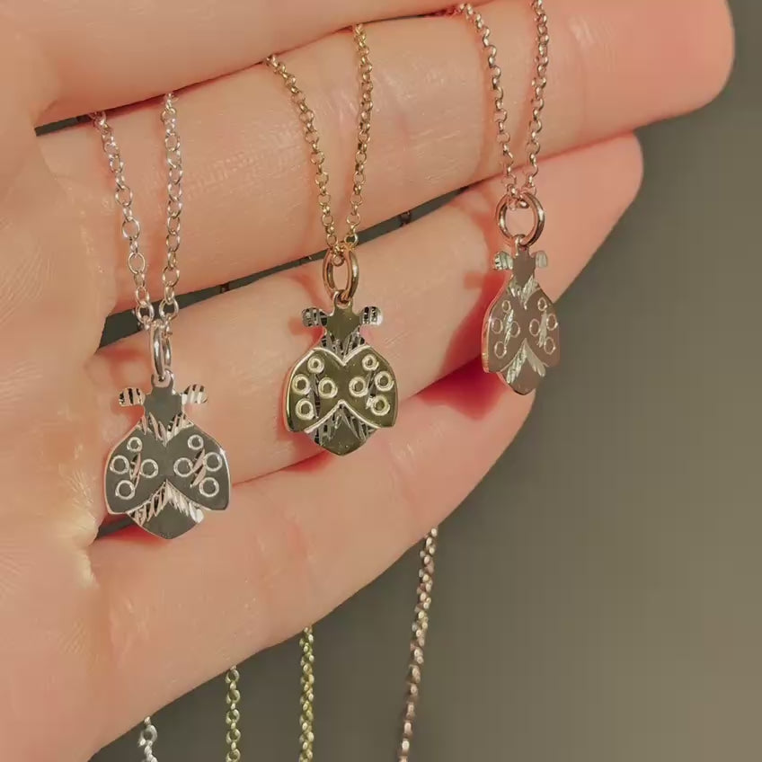Dainty Ladybug Necklace: Diamond Cut Charm, Sterling Silver, Gold/Rose Gold