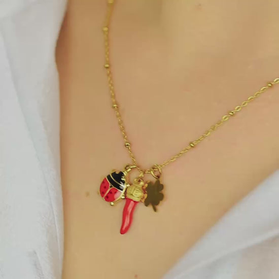 Italian Horn Necklace: Good Luck Clover, Ladybug, Cornicello Amulet
