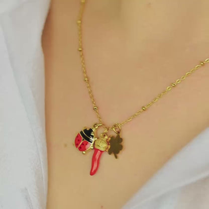 Italian Horn Necklace: Good Luck Clover, Ladybug, Cornicello Amulet