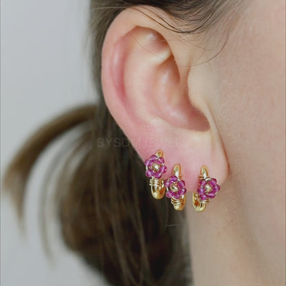 Oval Hoop Earrings with Fuxia Flowers