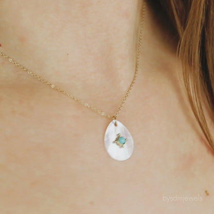 Mother of Pearl Tear Drop Charm Necklace • Teardrop Shell Pendant • Turquoise Charm Necklace • Gift for Mom • BYSDMJEWELS