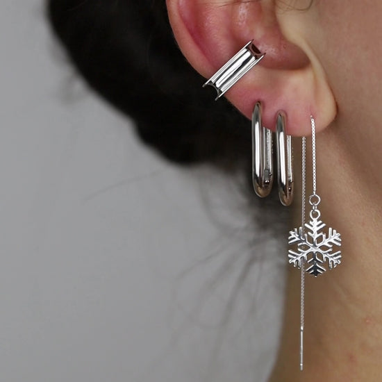 Snowflake Threader Earrings in Sterling Silver • Snow Flake Threaders • Long Threaders • Silver, Gold or Rose Gold • BYSDMJEWELS