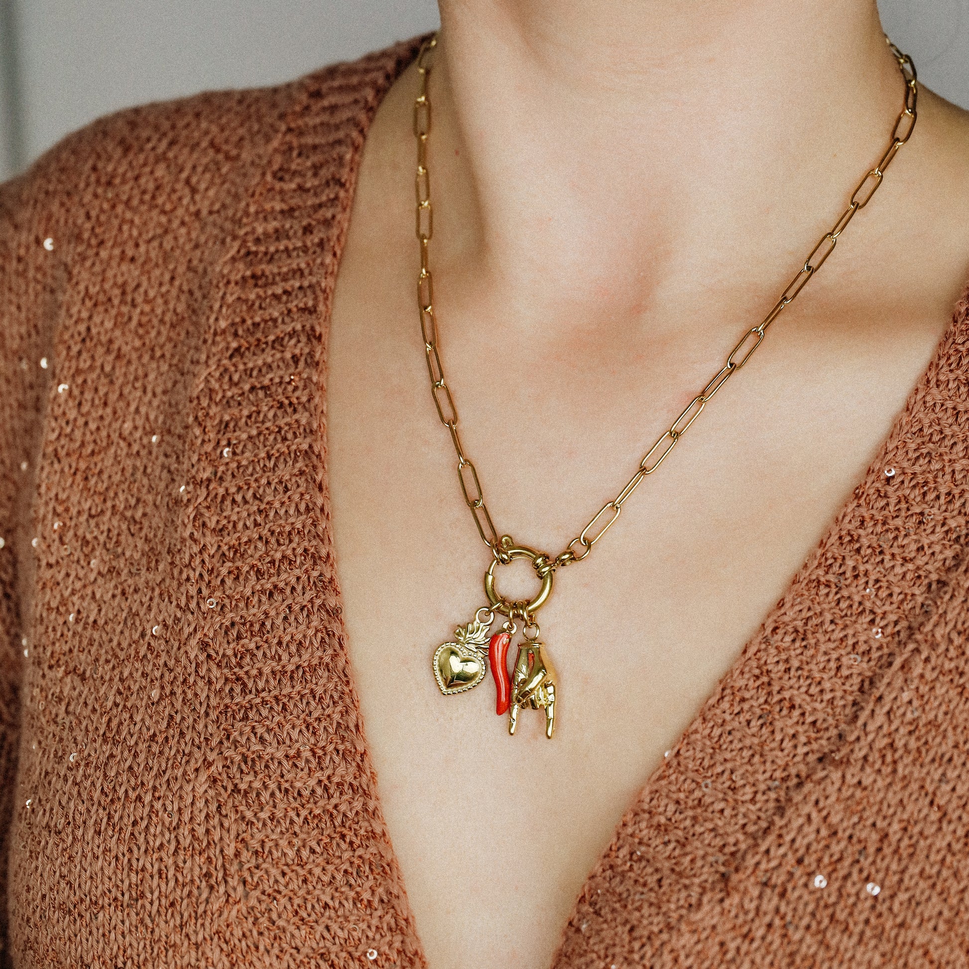Italian Lucky Horn Necklace • Hand Gesture Horn • Italy Corno Cornicello Necklace • Flaming Sacred Heart Necklace • BYSDMJEWELS