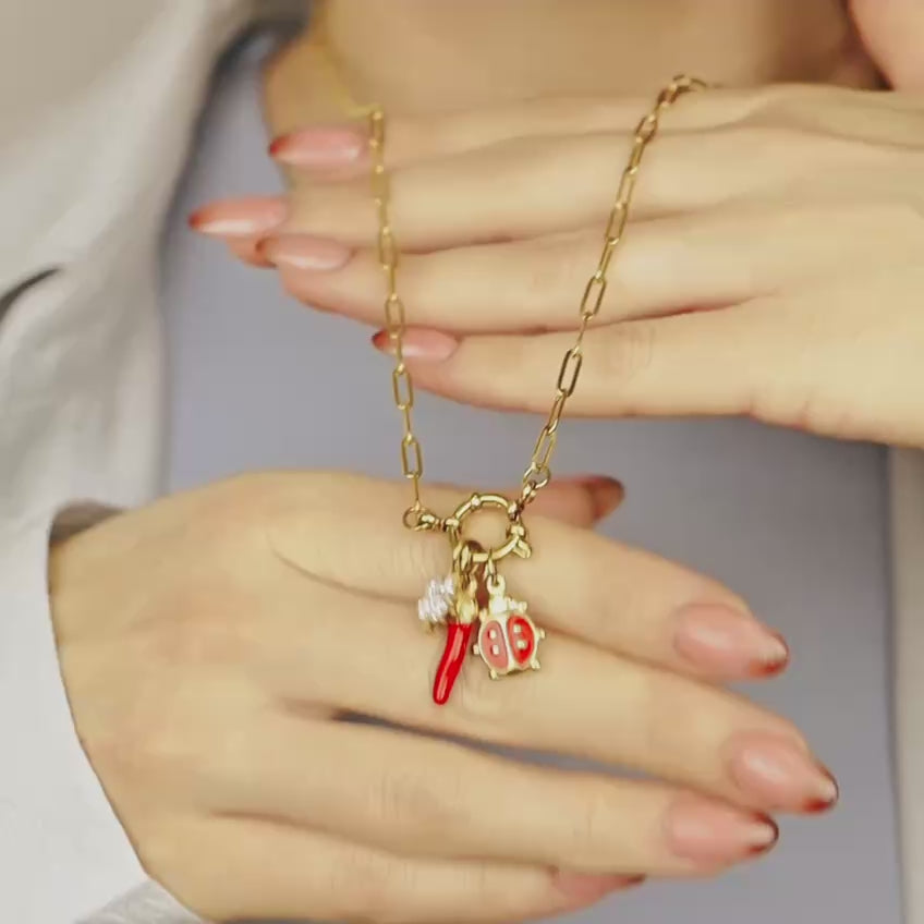 Italian Horn Necklace: Good Luck Clover, Ladybug Charm, Red Cornicello