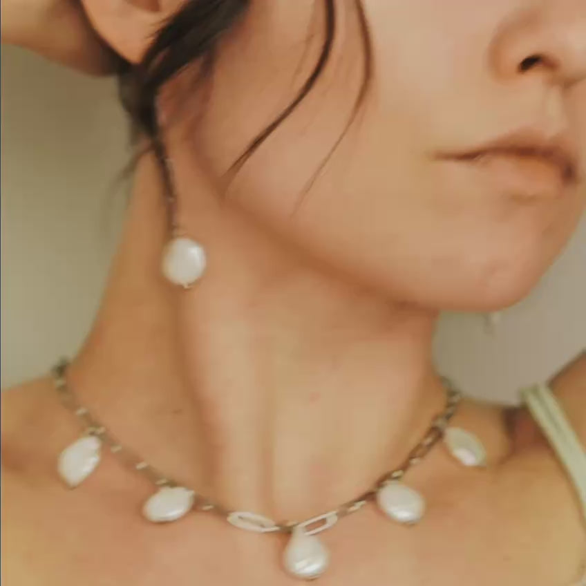Dangling Pearl Earrings: Stainless Steel Paperclip Chain, Wedding Jewelry
