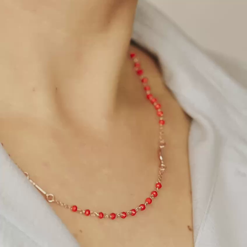 Dainty Red Rosary Necklace: 18K Gold Plated Cross, Sterling Silver