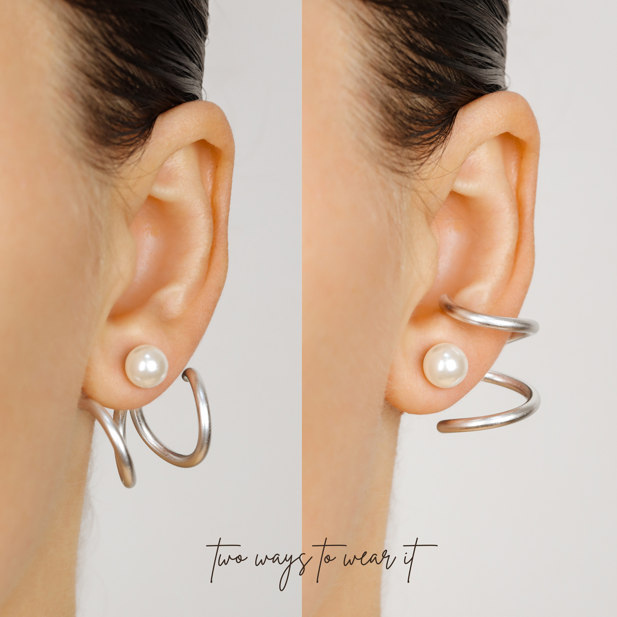 Silver double loop Ear Jacket shown worn in two different orientations behind the earlobe with a pearl-style stud, demonstrating two ways to position the design.