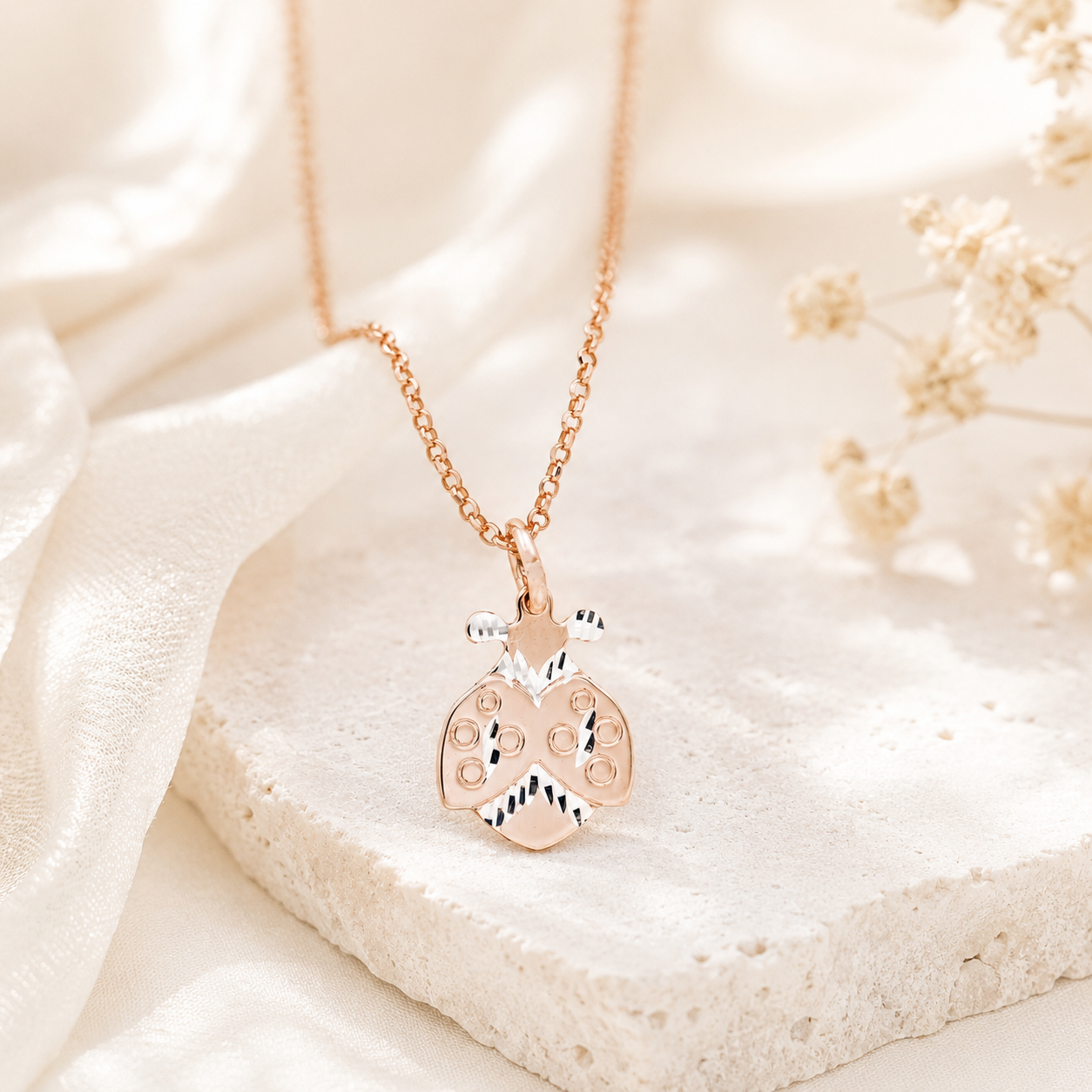 Close up of diamond cut ladybug pendant showing polished silver and rose gold details