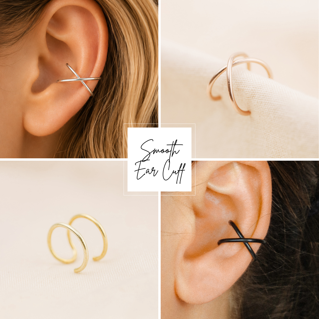 Smooth conch ear cuff collage showing double band and criss cross ear wrap styles in gold finish.