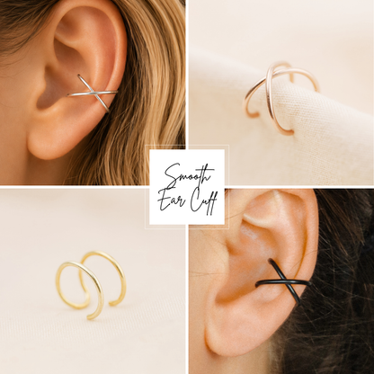 Smooth conch ear cuff collage showing double band and criss cross ear wrap styles in gold finish.