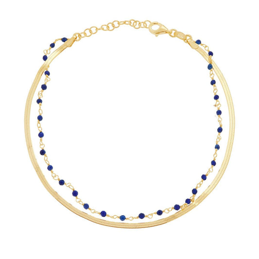 Anklet with two threads, snake chain and with Crystal Blue, with a shiny finish