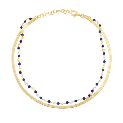 Anklet with two threads, snake chain and with Crystal Blue, with a shiny finish