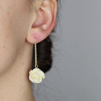 Tiny Flower Threader Earrings, White Rose Charm Earrings, Charm Earrings, Dangle Wire Earrings, BYSDMJEWELS