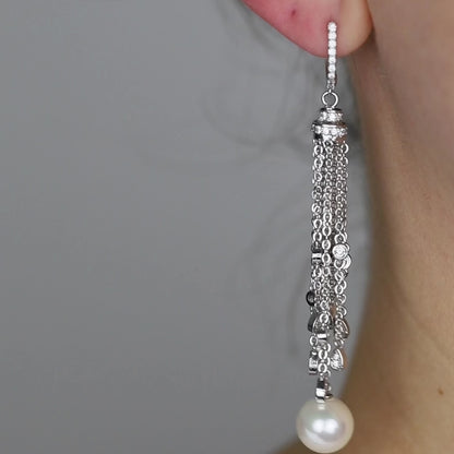 Wedding Earrings, Pearl Earrings, Bridal Jewelry, Zirconia Chain Earrings, Chandelier Earrings, BYSDMJEWELS