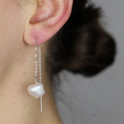 Keshi Genuine Pearl Threader Earrings, Pearl Ear Threaders, Natural Freshwater Pearls, Drop Ear Threaders, Silver or Gold, BYSDMJEWELS