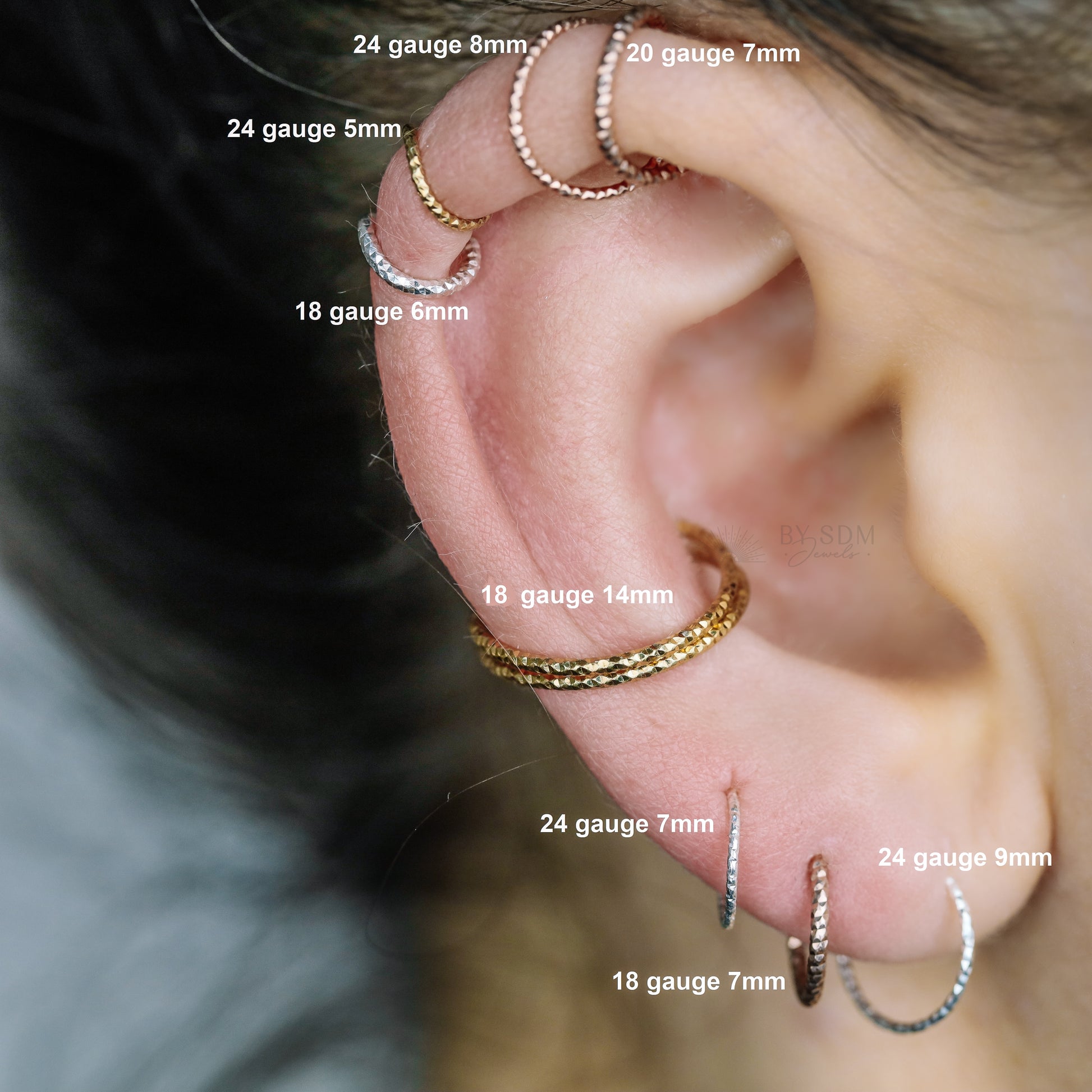 Diamond Cut Round Earring or Nose Ring • 26ga, 24ga, 22ga, 20ga, 18ga • Inner Diameter 3-15mm • Gold, Silver, Rose, Black