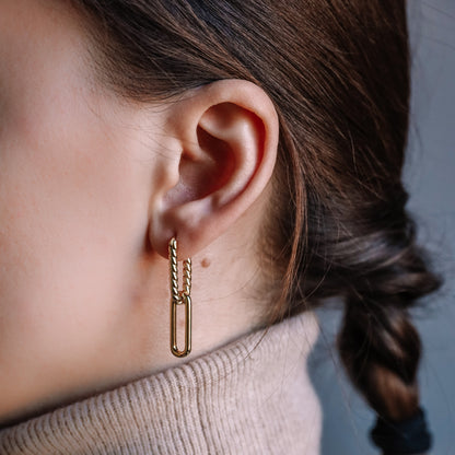 Gold Rectangle Hoops, Gold Link Earrings, Double Hoop Earrings, Dangle Hoop Earrings, Oval Link Hoops, Twisted Hoop Earring