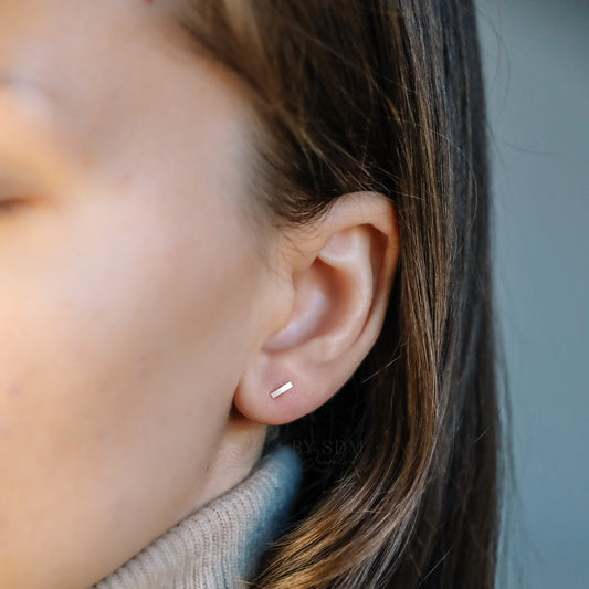 Tiny Bar Stud Earrings, Cuboid Rectangle Shape Studs, Rose Gold, Silver, BYSDMJEWELS