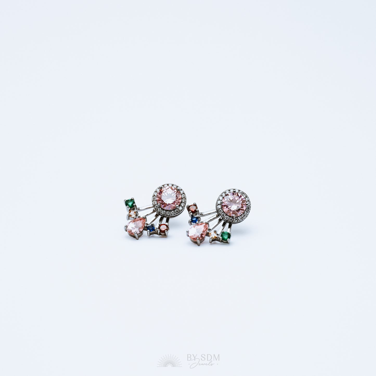 Rainbow Crystals Ear Jacket • Front & Back Earrings • Black Sterling Silver