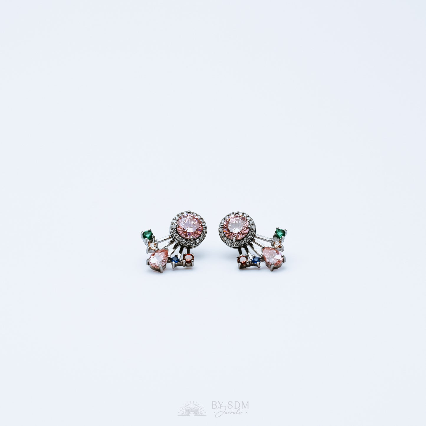 Rainbow Crystals Ear Jacket • Front & Back Earrings • Black Sterling Silver