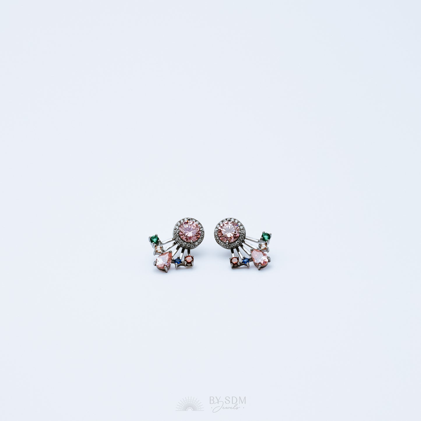 Rainbow Crystals Ear Jacket • Front & Back Earrings • Black Sterling Silver
