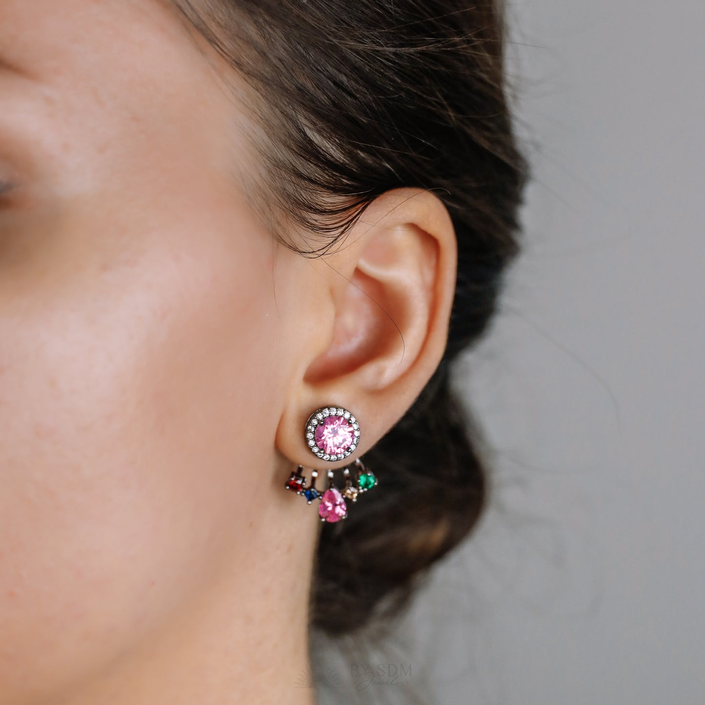 Rainbow Crystals Ear Jacket • Front & Back Earrings • Black Sterling Silver