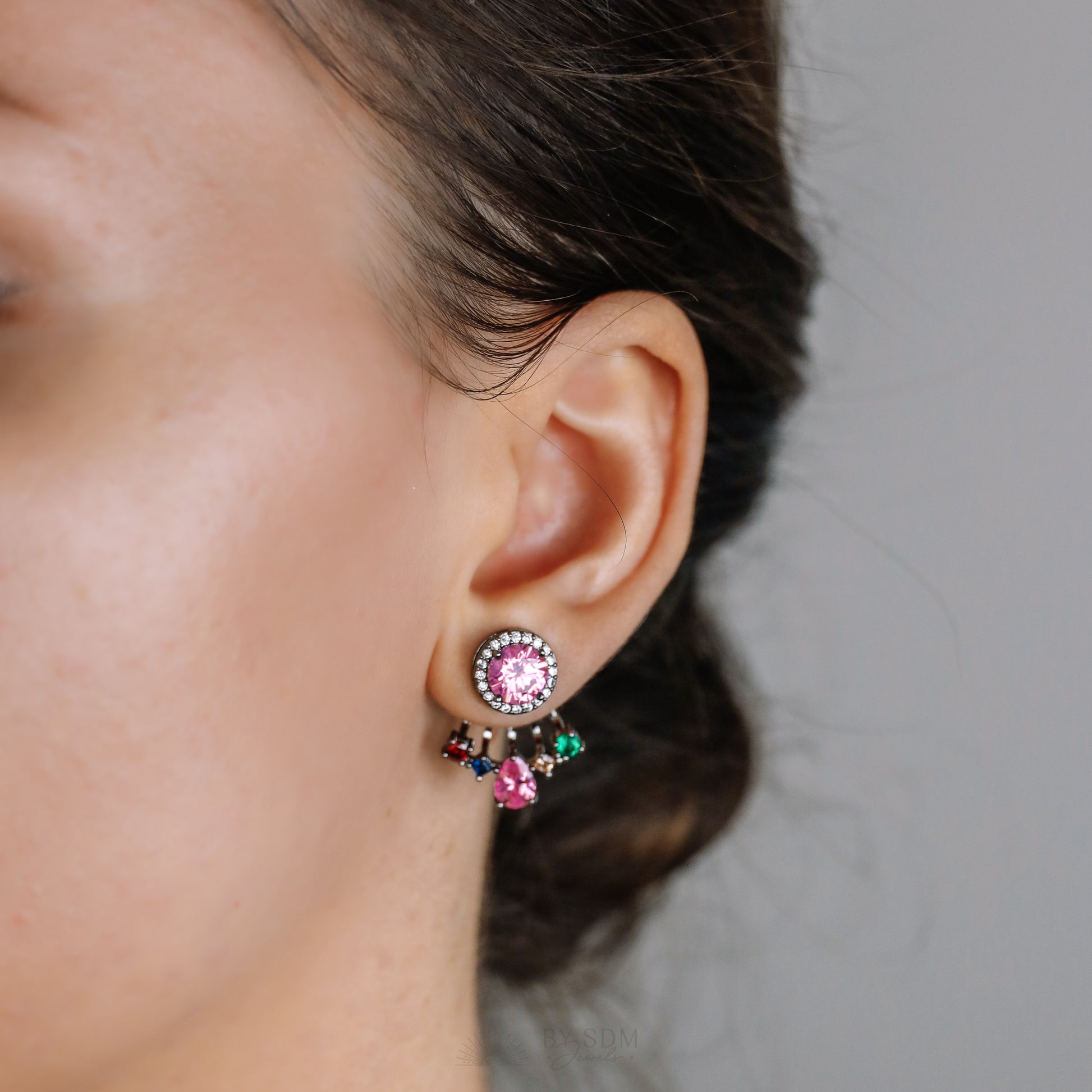 Rainbow Crystals Ear Jacket • Front & Back Earrings • Black Sterling Silver