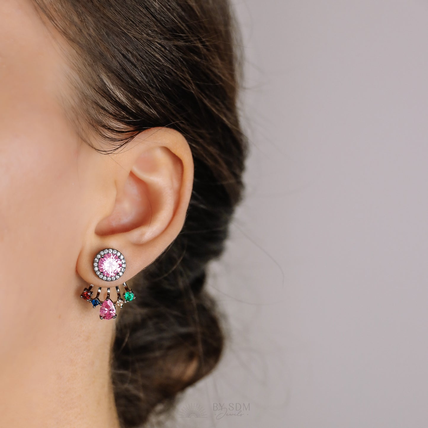 Rainbow Crystals Ear Jacket • Front & Back Earrings • Black Sterling Silver