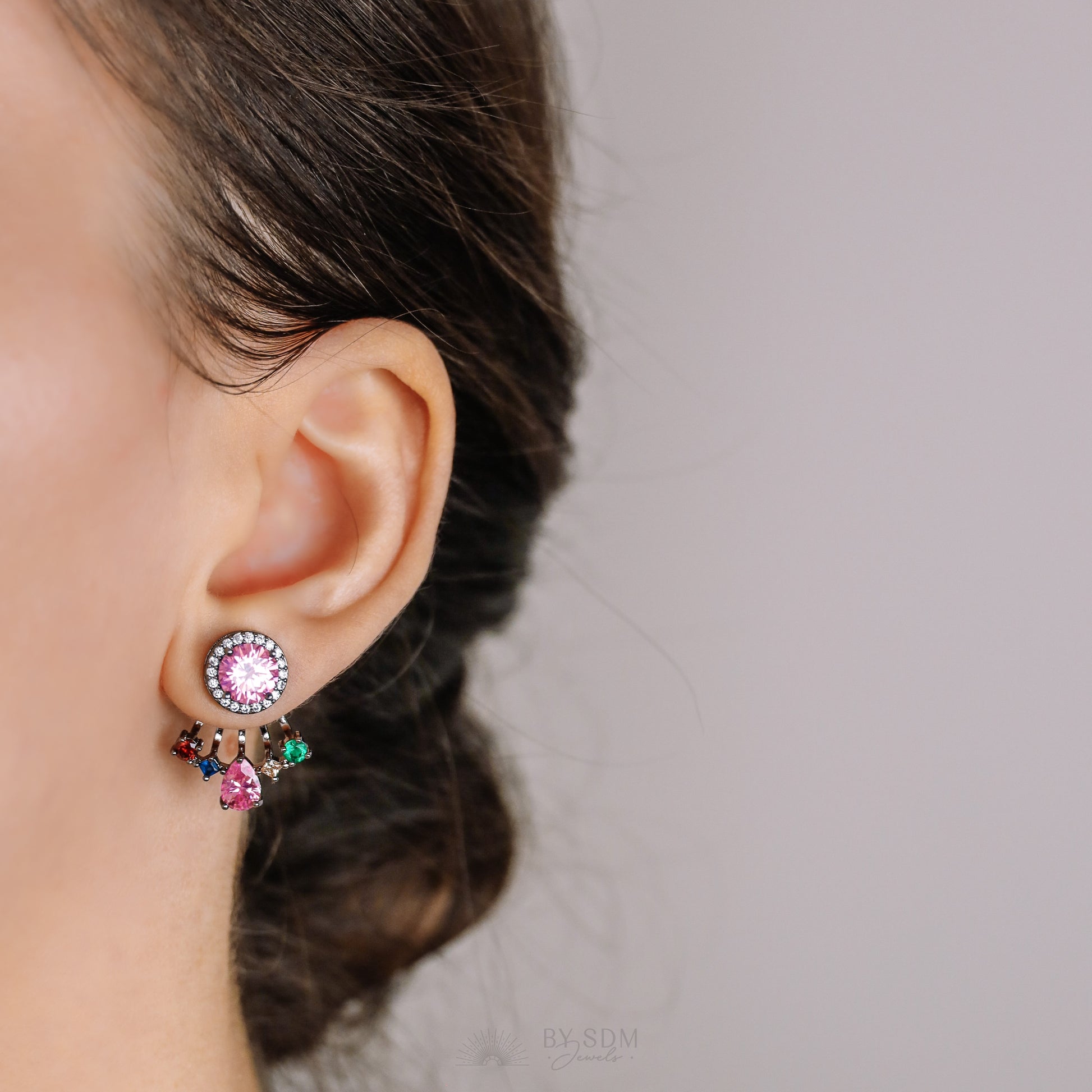 Rainbow Crystals Ear Jacket • Front & Back Earrings • Black Sterling Silver