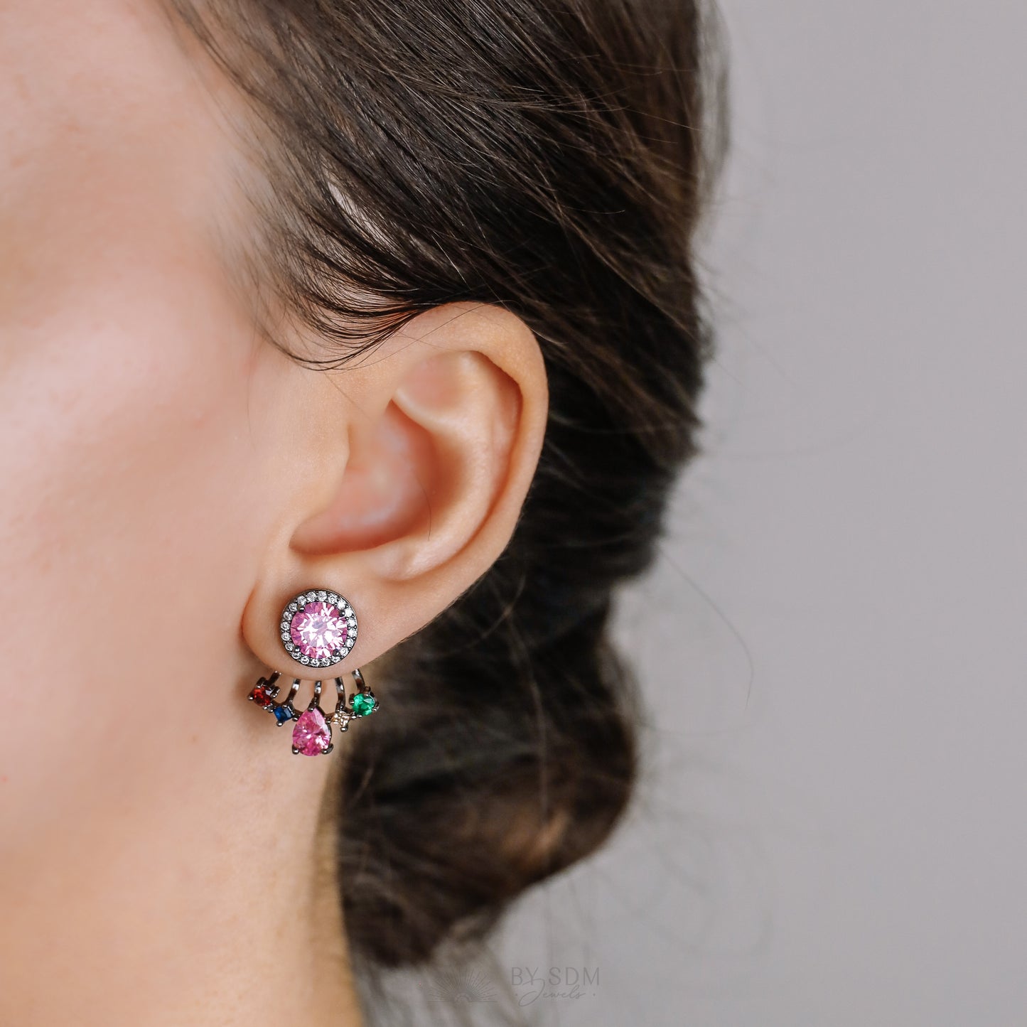 Rainbow Crystals Ear Jacket • Front & Back Earrings • Black Sterling Silver