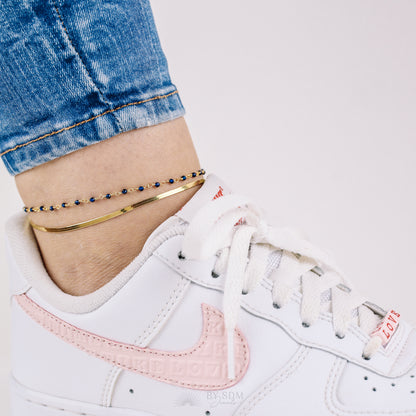 Anklet with two threads, snake chain and with Crystal Blue, with a shiny finish