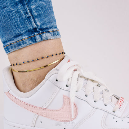 Anklet with two threads, snake chain and with Crystal Blue, with a shiny finish