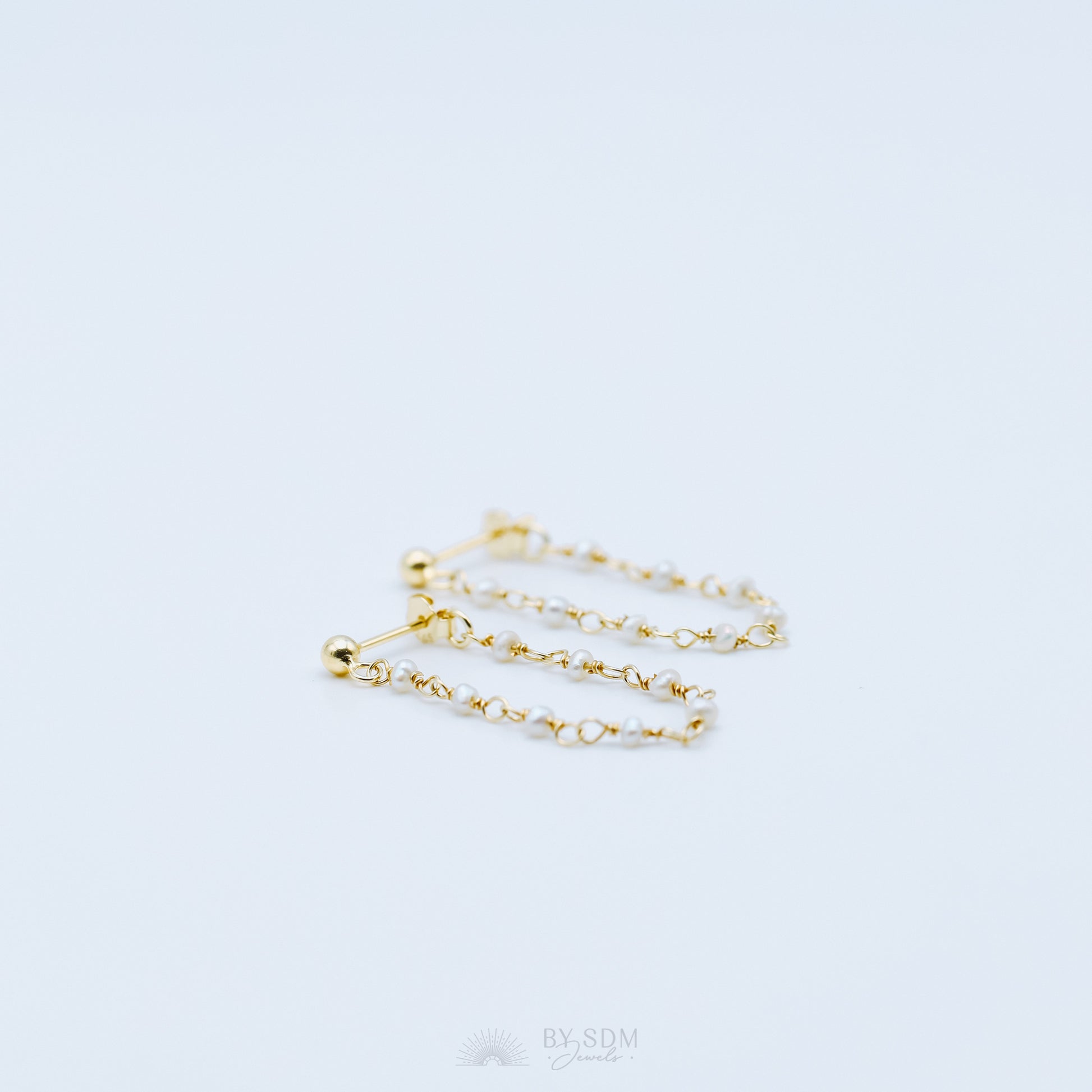 Pearl Chain Earrings, Gold Stud Earrings, BYSDMJEWELS