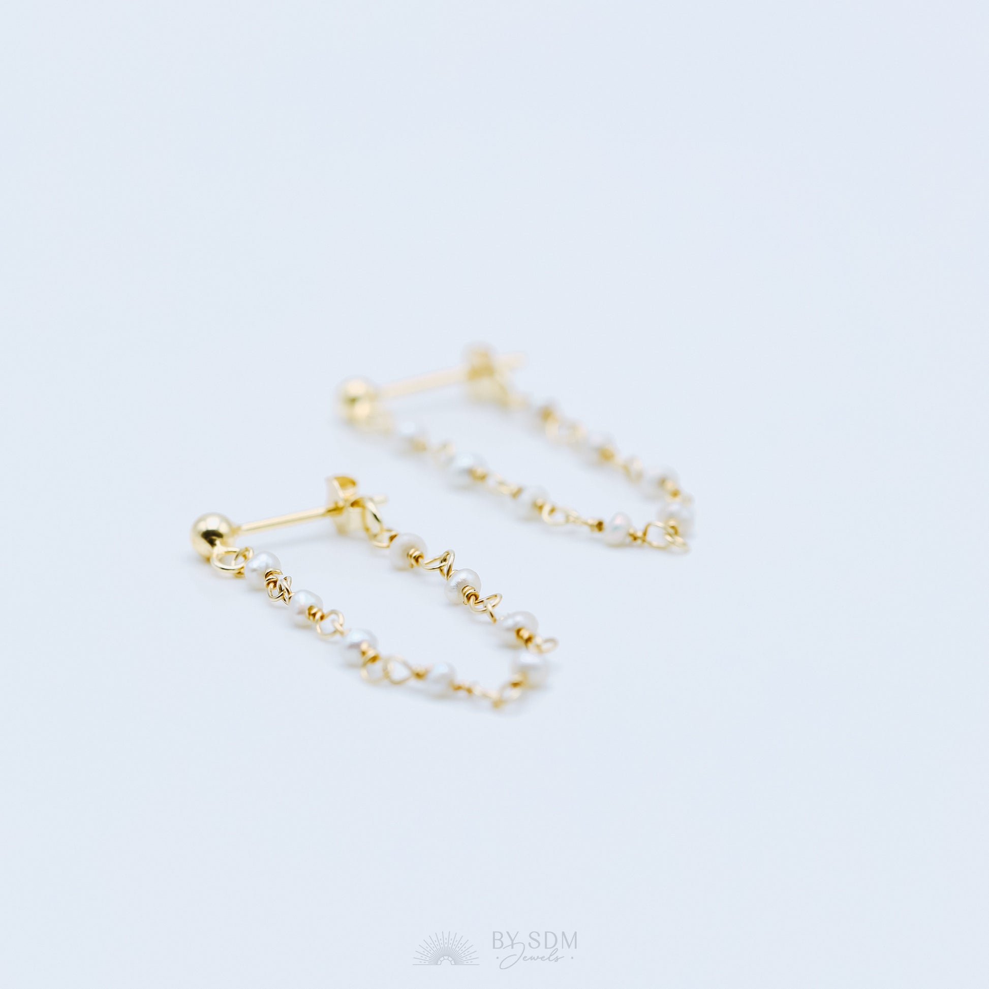 Pearl Chain Earrings, Gold Stud Earrings, BYSDMJEWELS