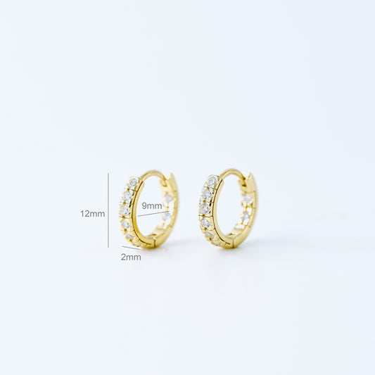 Simple White Stone, Clear CZ Hoop Earrings, Huggies, 9mm, Gold, Silver BYSDMJEWELS