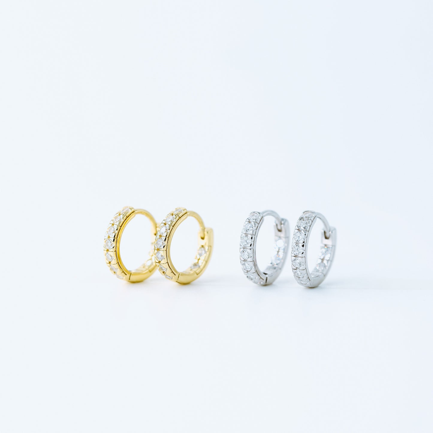 Simple White Stone, Clear CZ Hoop Earrings, Huggies, 9mm, Gold, Silver BYSDMJEWELS