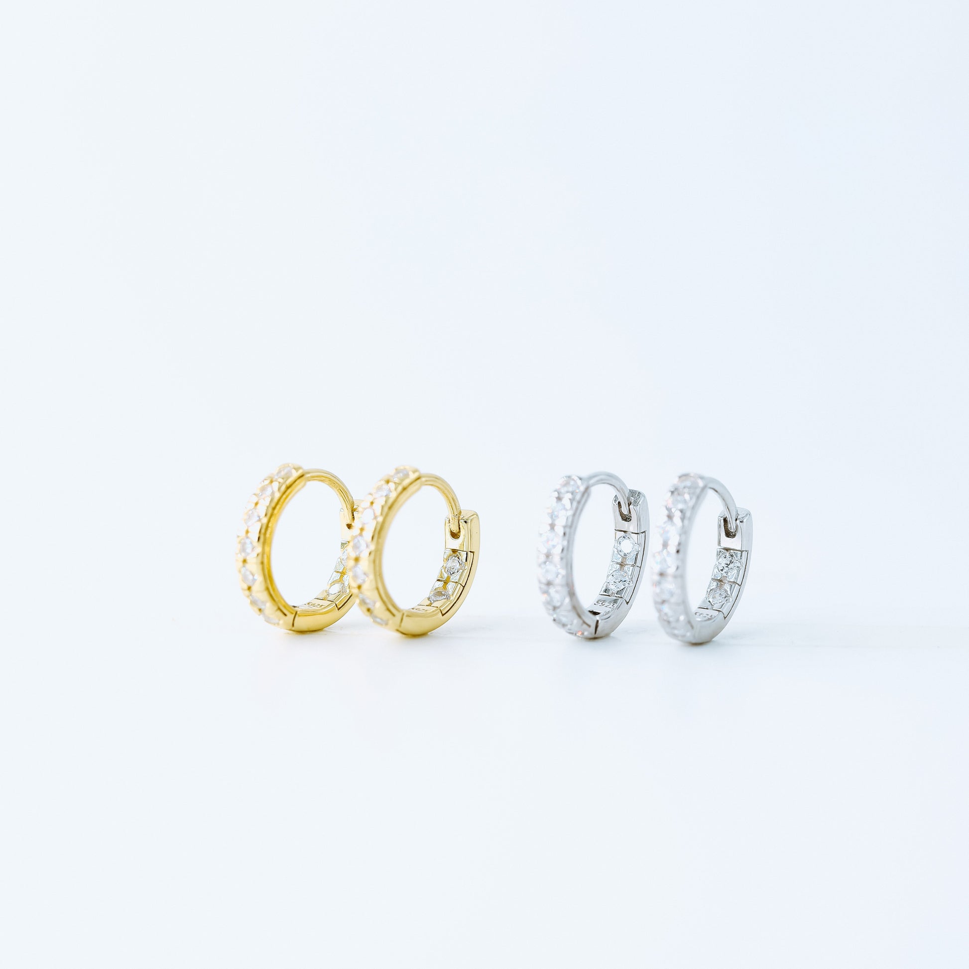 Simple White Stone, Clear CZ Hoop Earrings, Huggies, 9mm, Gold, Silver BYSDMJEWELS