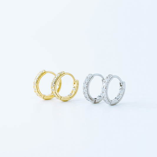 Simple White Stone, Clear CZ Hoop Earrings, Huggies, 9mm, Gold, Silver BYSDMJEWELS