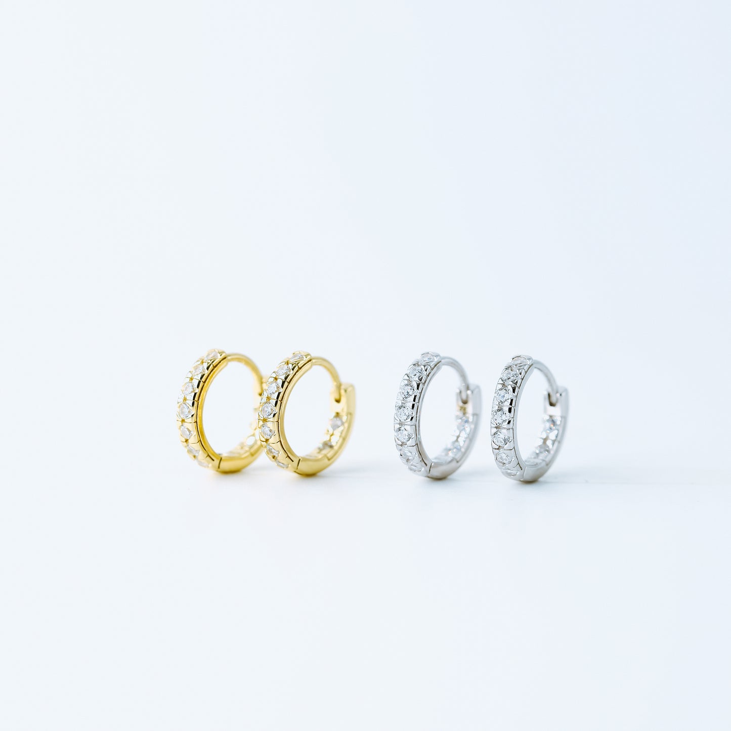 Simple White Stone, Clear CZ Hoop Earrings, Huggies, 9mm, Gold, Silver BYSDMJEWELS