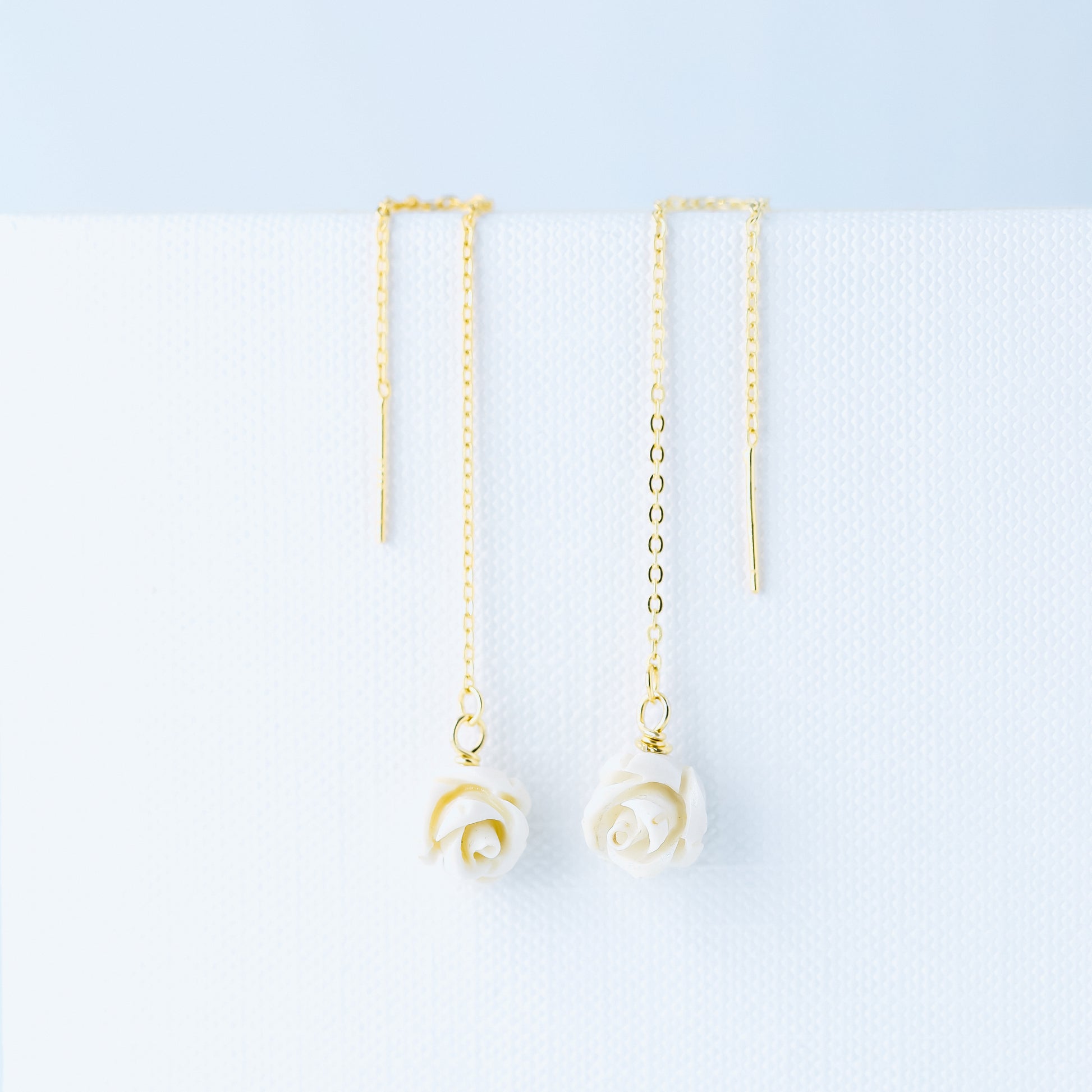Tiny Flower Threader Earrings, White Rose Charm Earrings, Charm Earrings, Dangle Wire Earrings, BYSDMJEWELS