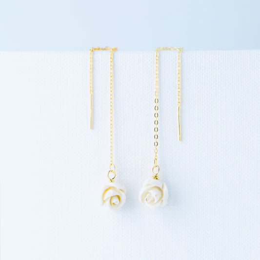 Tiny Flower Threader Earrings, White Rose Charm Earrings, Charm Earrings, Dangle Wire Earrings, BYSDMJEWELS