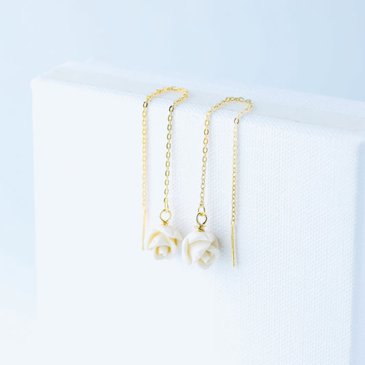 Tiny Flower Threader Earrings, White Rose Charm Earrings, Charm Earrings, Dangle Wire Earrings, BYSDMJEWELS