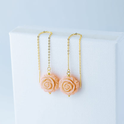 Gold Tiny Flower Threader Earrings, Tiny Rose Charm Earrings, Charm Earrings, Dangle Wire Earrings, BYSDMJEWELS